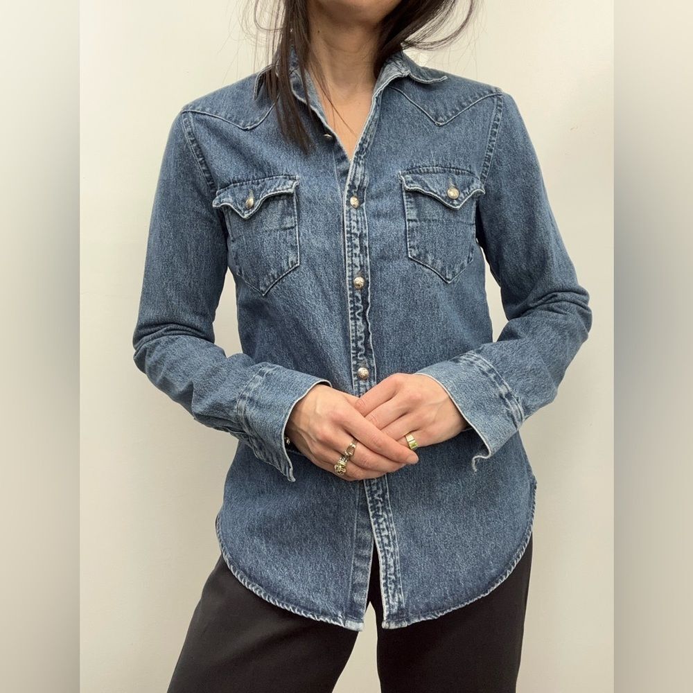 Vintage Western Blue Denim Shirt Back In The Saddle Collared Button Front Size M